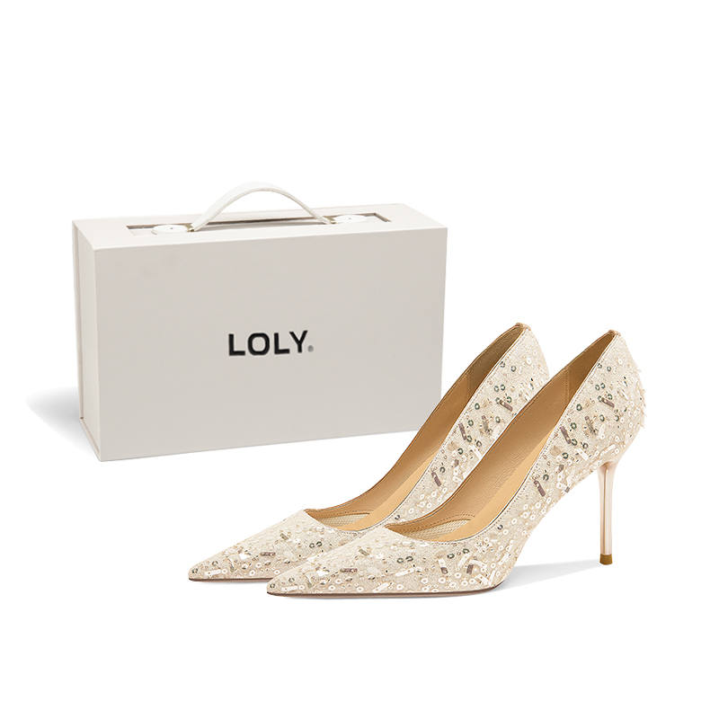 LOLY French Crystal Shoes Slim Heel High Heels Women's Pearl Lover