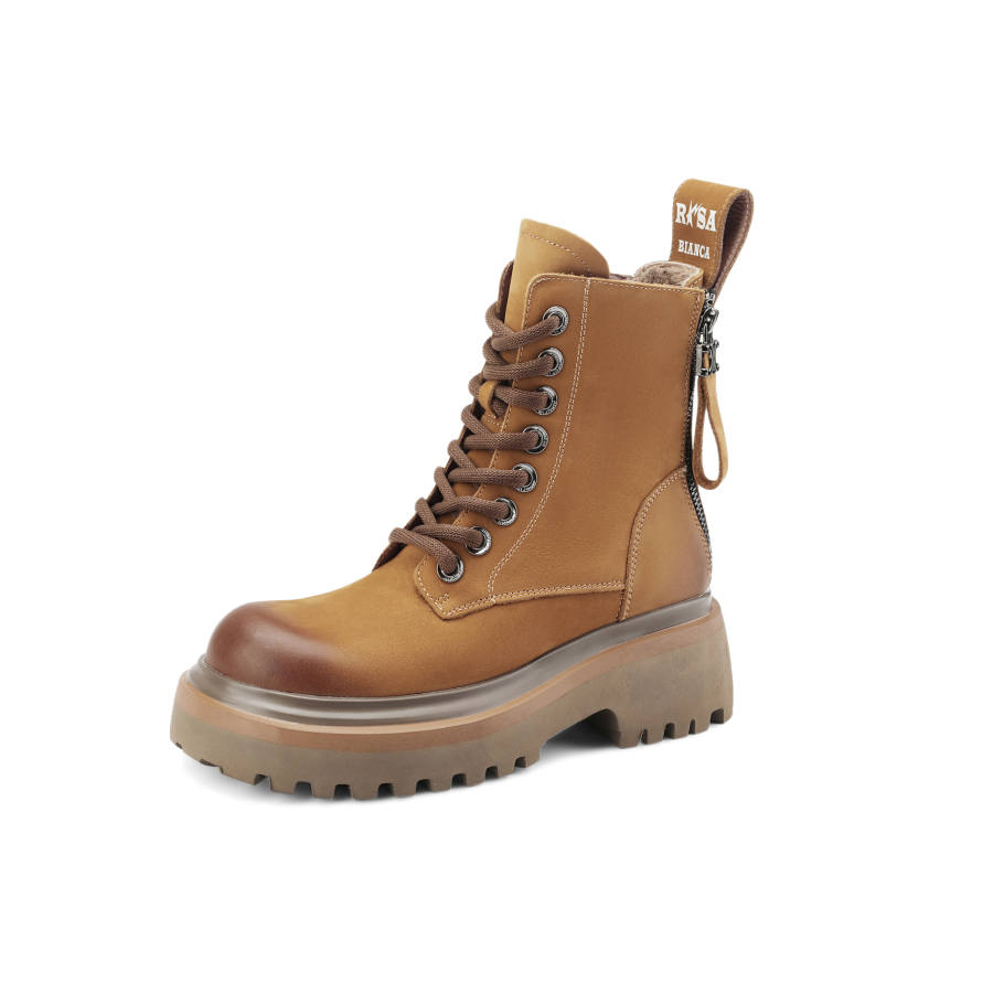 Rosa Bianca Yellow Boots Top Grain Cow Leather Crew Combat Boots 5.5cm Women's