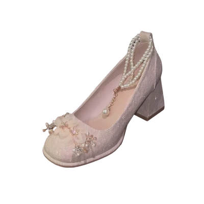 Imono Microfiber Leather Chunky Heel High Heels 7cm Women's Champagne