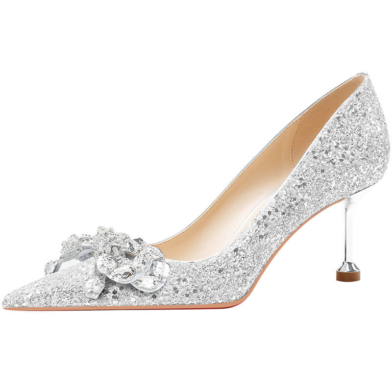 LANMOU Shinny Leather Slim Heel High Heels Women's Silver