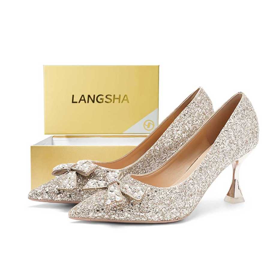 Lanza Glitter, French Luxury Shimmer Glamorous Style Sequins Bowknot Embellished Niche Design Refined Wedding Shoes