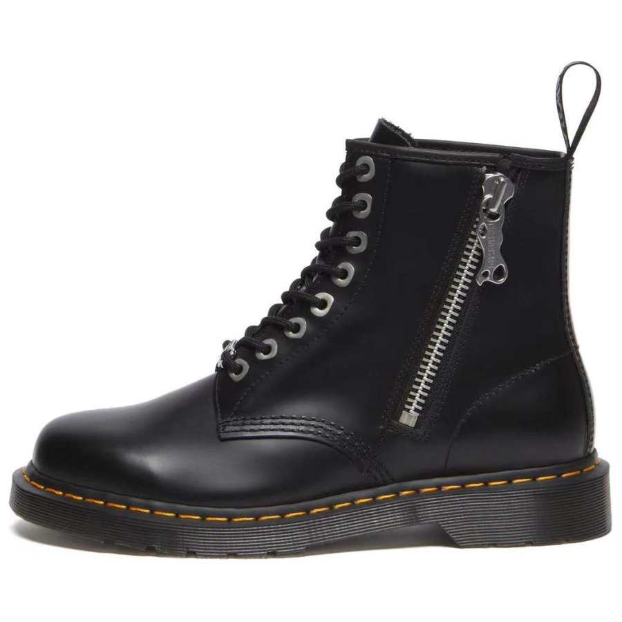 Dr.Martens 1460 Zip Black Polished Smooth Cow Leather Crew Combat Boots Unisex Black