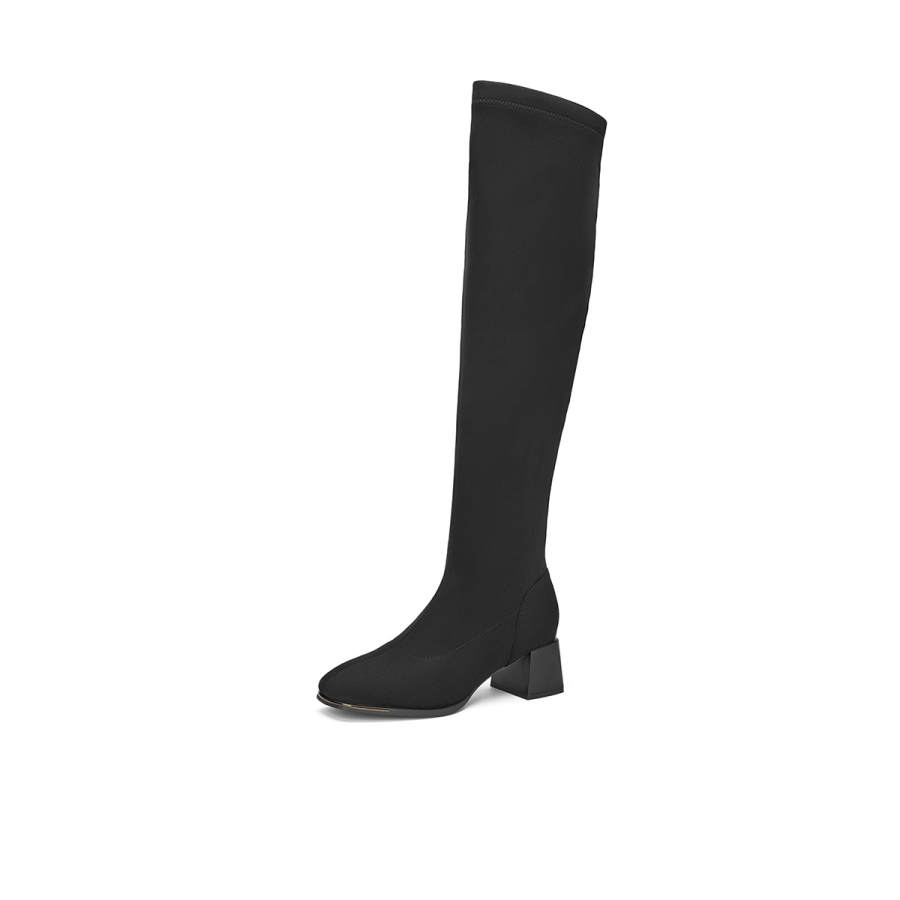GEMEIQ Minimalist Style Elegance Fabric Stretch Chunky Heel Vintage Square Toe Fleece Lined Knee high Boots 5CM Women's
