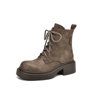 YIKEFEI Cow Leather Short Combat Boots Women's