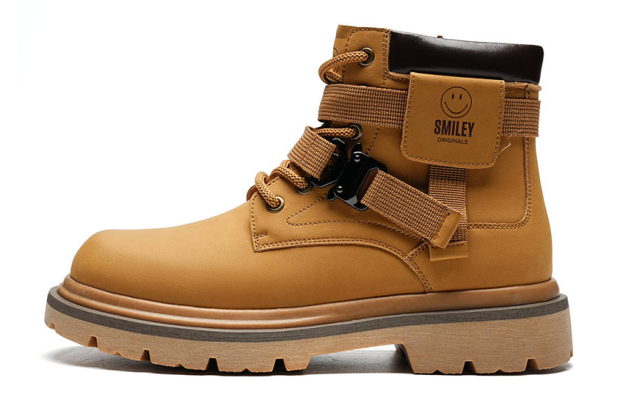 SMILEY SMILEY Cow Split Leather Short Mid Calf Combat Boots Men's Brown Yellow