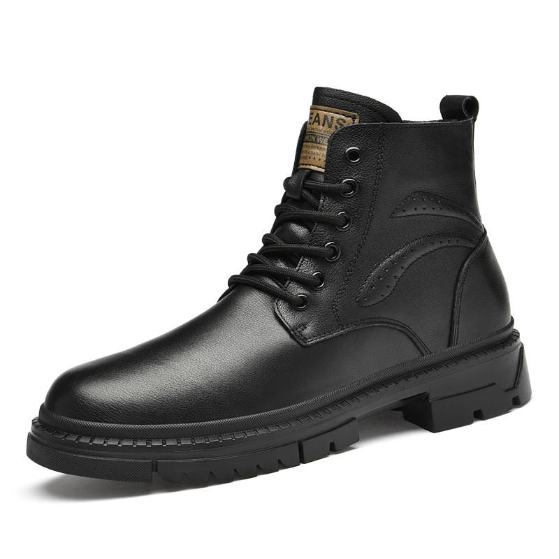GONGNIULEITING Top Grain Cow Leather Short Combat Boots Men's Black