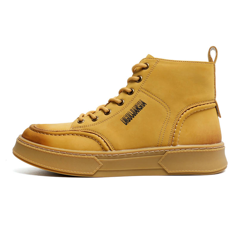 CHILANG Microfiber Leather Vintage Short Mid Calf Combat Boots Men's Yellow