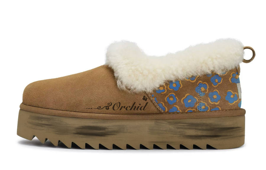 UGG 811 Manufacturing, Vintage Blue Floral Thermal Slip Resistant Ankle Length Snow Boots Women's Chestnut Brown