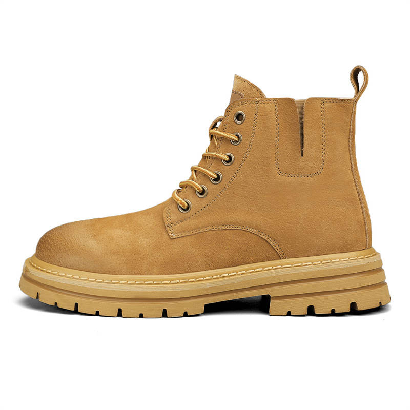 VAEL Top Grain Pig Leather Crew Combat Boots Medium Heel Men's Yellow Brown