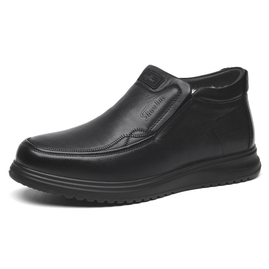 SHOUBA Cow Leather Fashion Versatile, Wool Fleece Lined Thermal Casual Shoes 3cm Men's Black