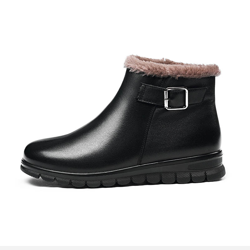 AOKANG Cow Leather Fleece Lined, Casual, Comfortable Ankle Boots Women's Black
