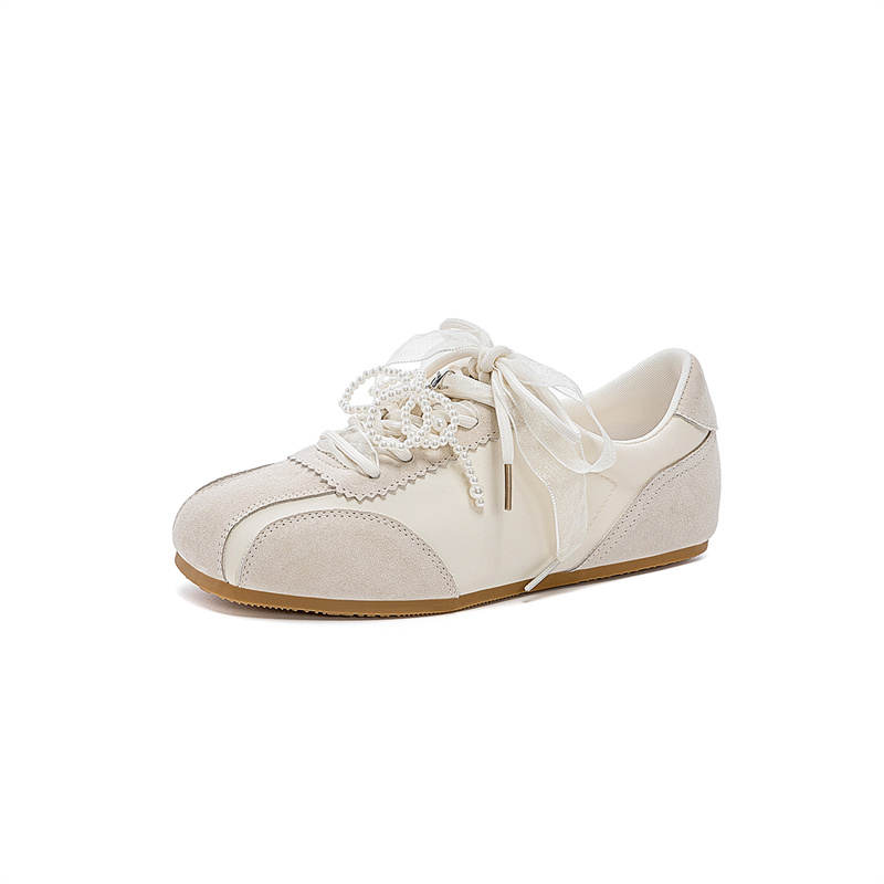 JOSINY Ballet Style, Girl Like Pearl Bowknot Double Lace Up German Army Trainers, White Sneakers