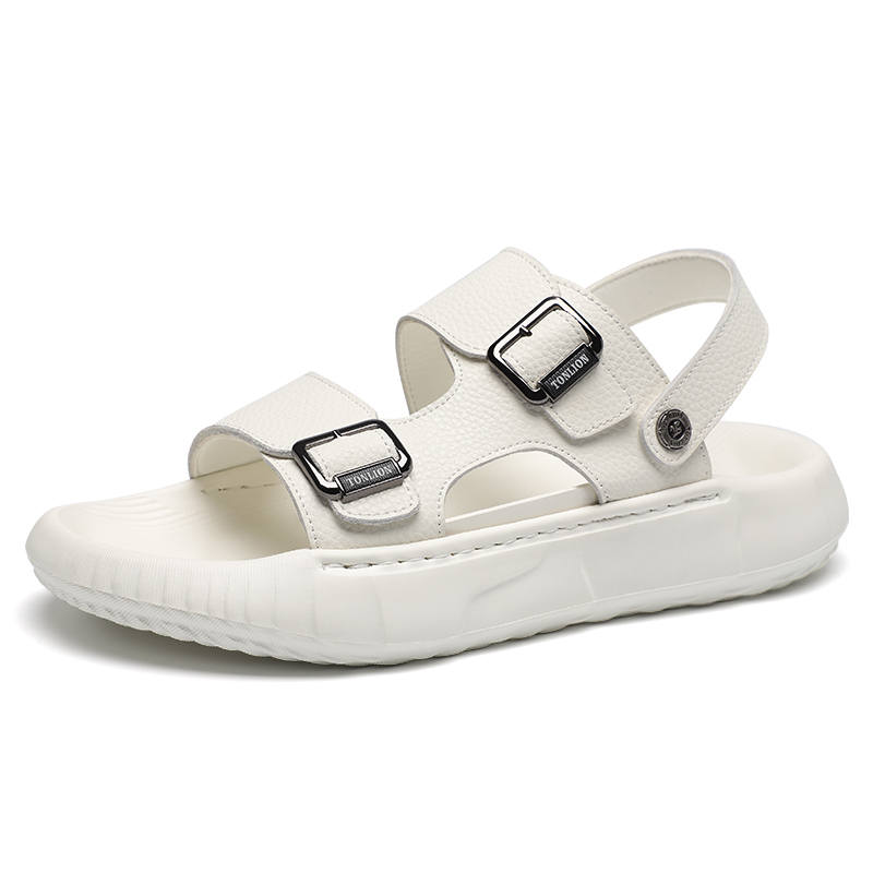Tonlion Top Grain Cow Leather Beach Sandals Men's Ecru