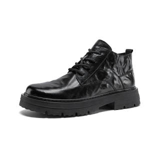 Hautton Cow Leather Short Mid Calf Combat Boots Men's Black