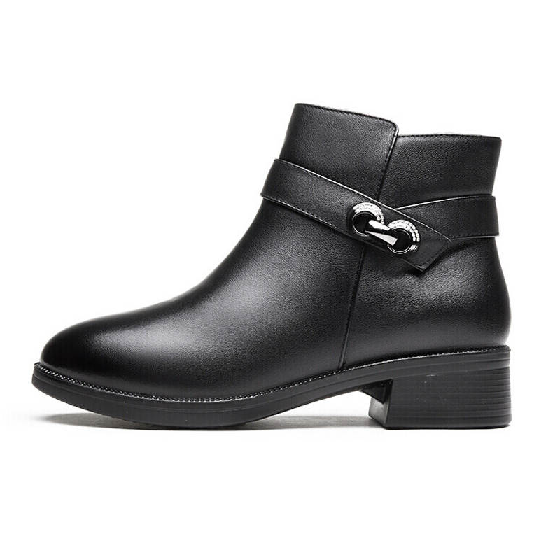 AOKANG Cow Leather Winter Fleece Lined Thermal Cotton Leather Shoes Casual High Top Ankle Boots Women's Black