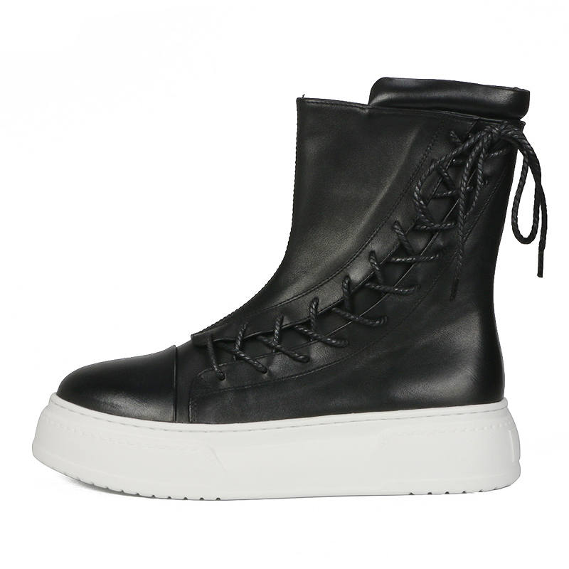 TAIDIAN Top Grain Cow Leather Crew Combat Boots Platform Men's Black