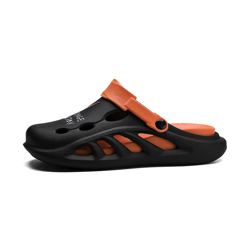 YINGLUNQISHI Top Grain Cow Leather Clogs Unisex Black Orange