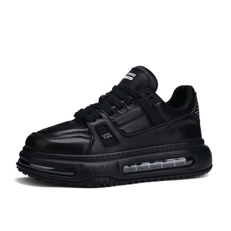 U7 Top Grain Cow Leather Cushioning Slip Resistant Height Increasing Mid top Casual Shoes Men's Black