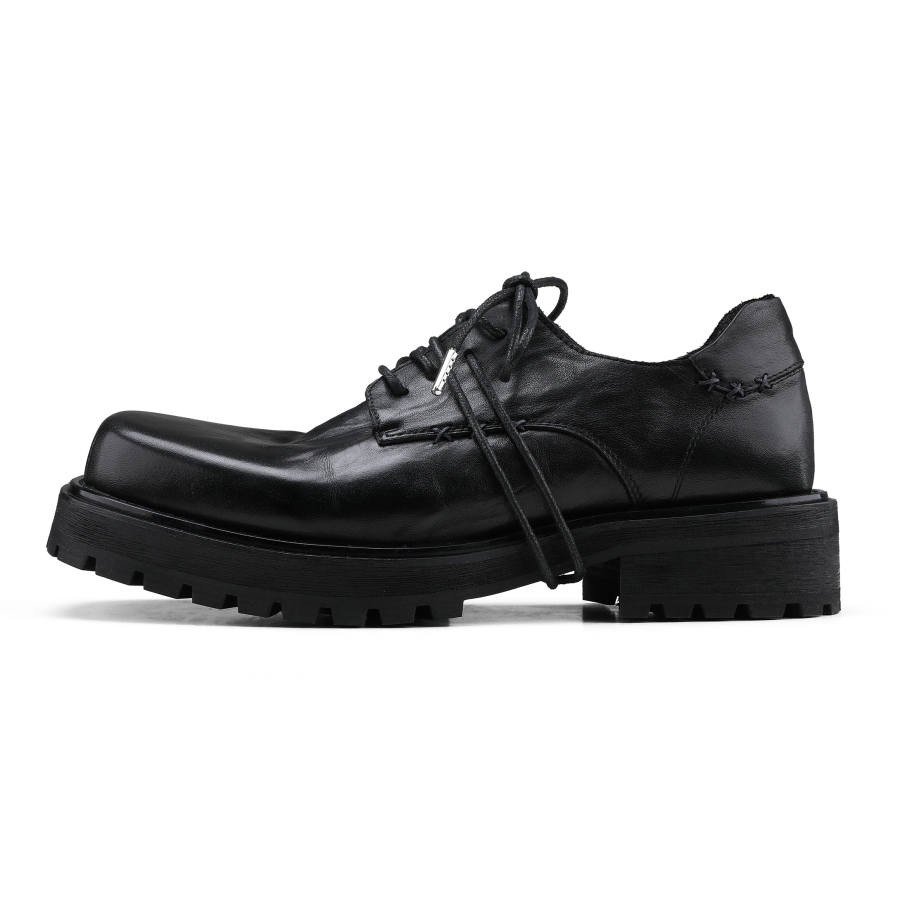 HANQIAORIJI Black Blood Collection Top Grain Cow Leather Square Toe Derby Men's Black