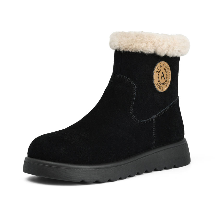 AOKANG Cow Suede Thermal Slip Resistant Short Snow Boots Women's Black