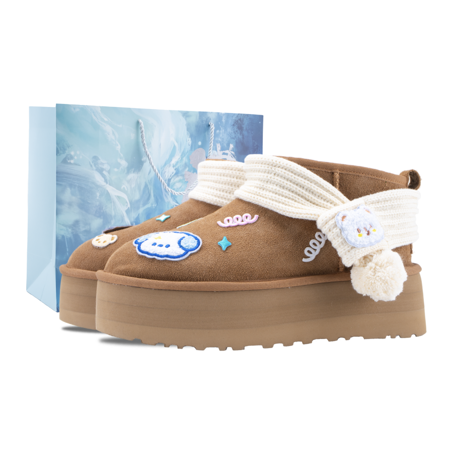 UGG Scarf Bear Cow Split Leather Thermal Knee High Snow Boots Women's Chestnut