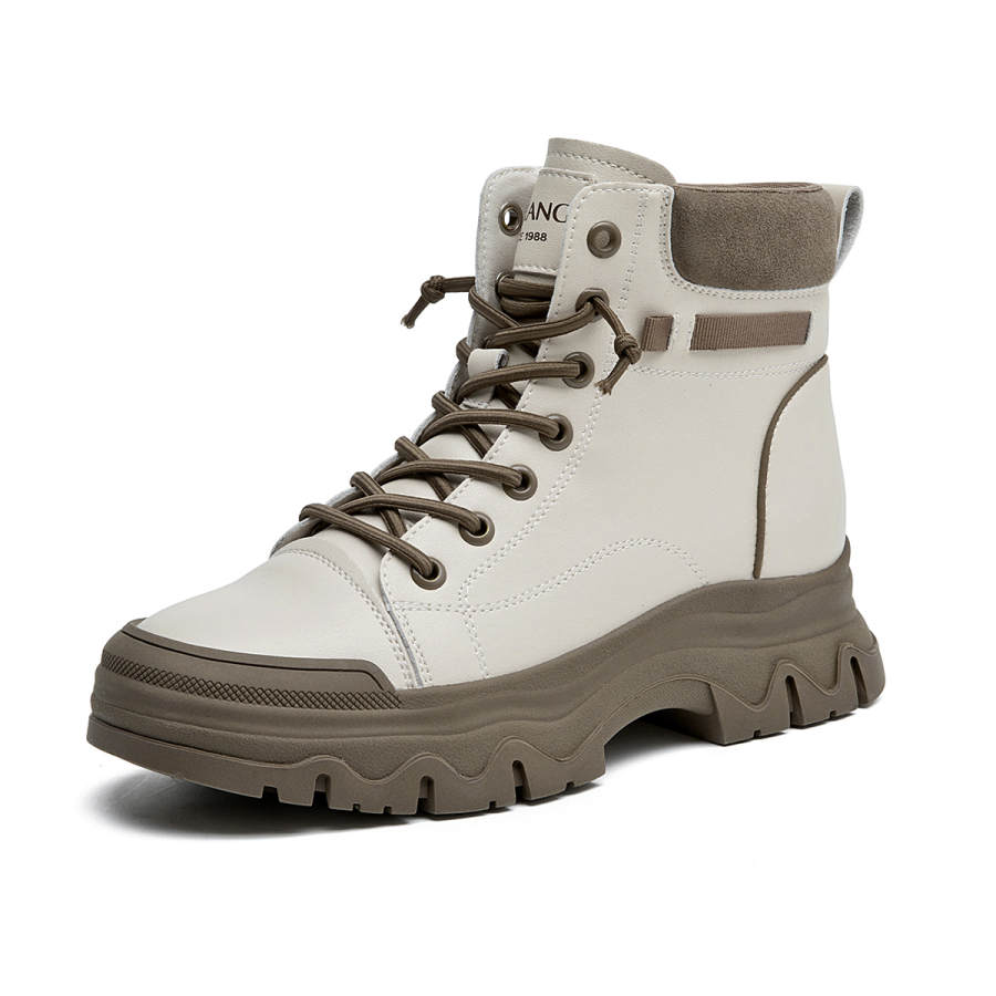 AOKANG PU Short Combat Boots 5.2cm Women's Light Coffee