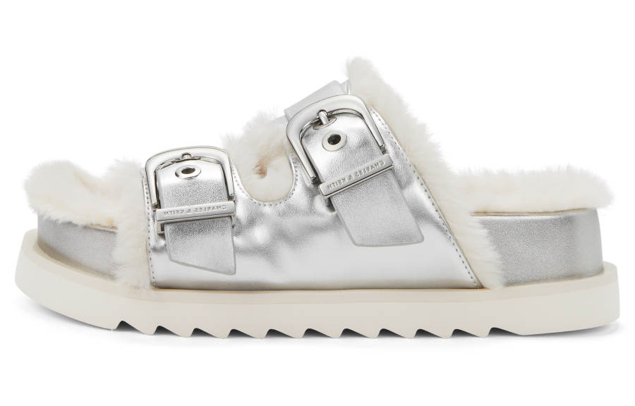 CHARLES&KEITH Small CK Plush Collection, Flat Fleece Lined Plush Slippers EVA Slip Resistant Slip Resistant