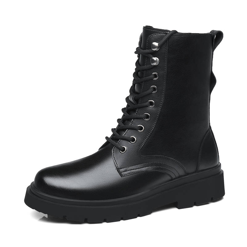 CITONGXIANSHENG Cow Split Leather Crew Combat Boots Men's Black