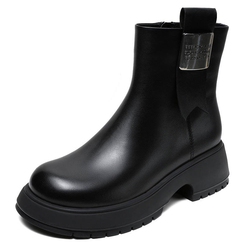 Devanro Devanro Top Grain Cow Leather Youth Casual Genuine Leather Versatile Commute Side Zipper Platform Fleece Lined Thermal