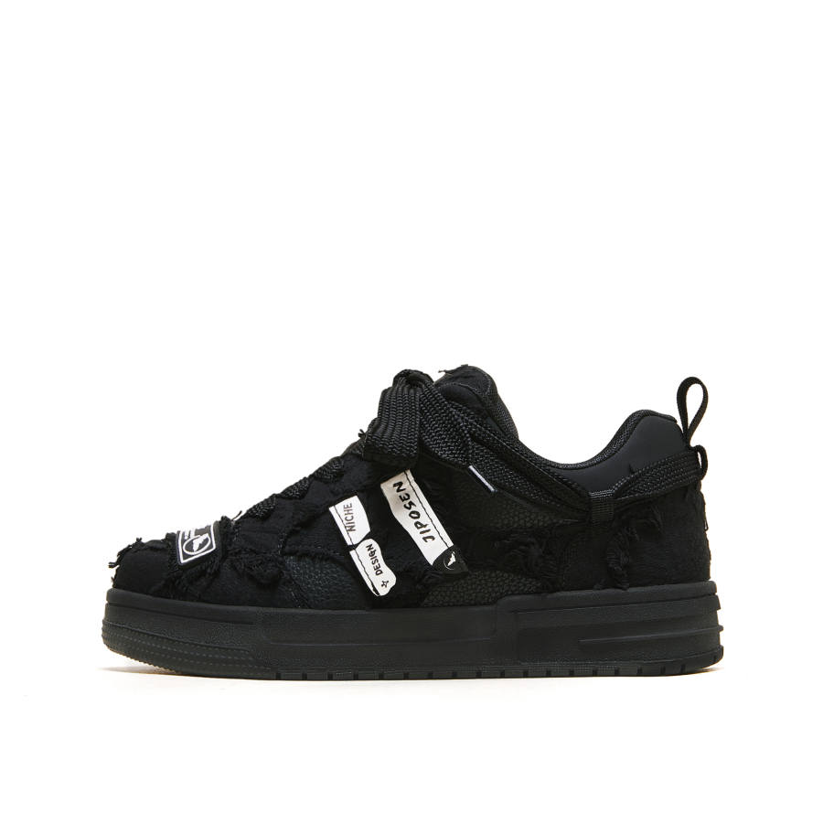 JIPOSEN Distressed Patch Collection Low top Classic And Versatile Skateboard Shoes Trend Unisex Black