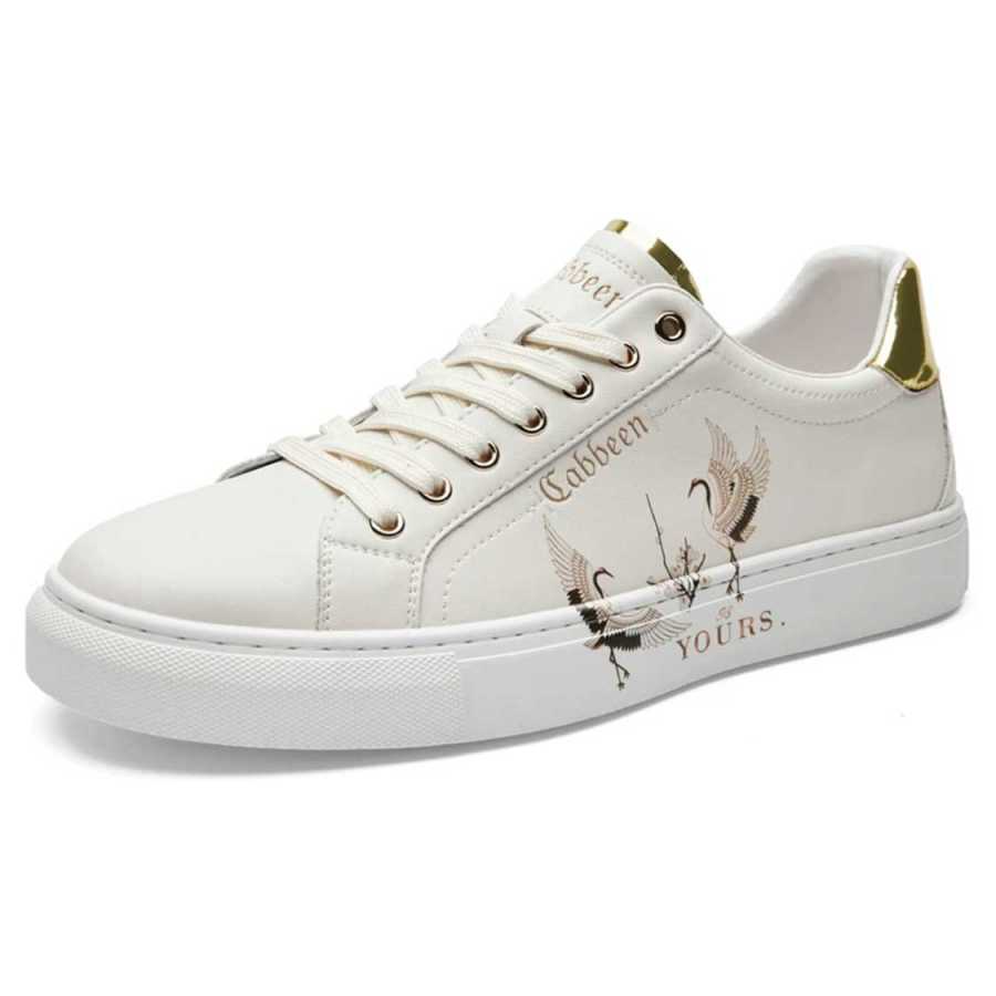Cabbeen Chinese Fashion Trend Style Synthetic Leather Breathable Low top Skateboard Shoes Men's White