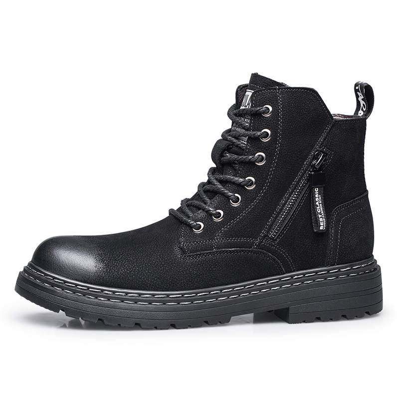 YINGLUNQISHI Top Grain Cow Leather Short Combat Boots Men's Black