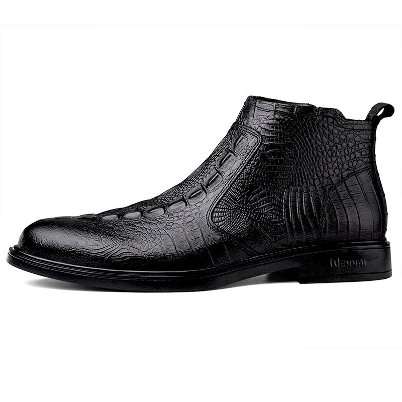 WENNAI Top Grain Cow Leather Ankle Boots Unisex Black