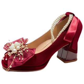 WUGUNIANG Chunky Heel High Heels Women's Burgundy