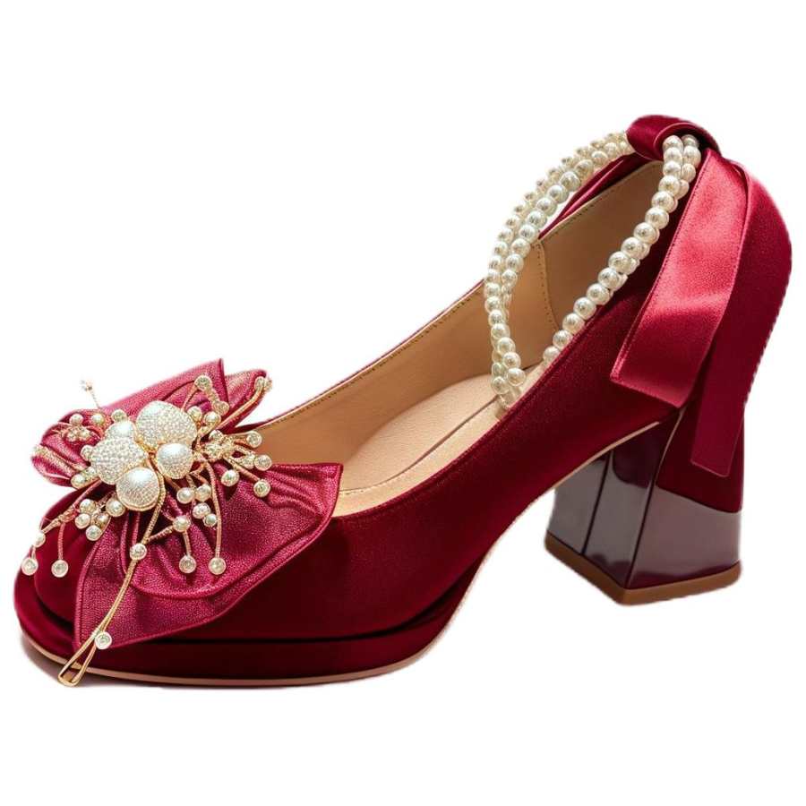 WUGUNIANG Chunky Heel High Heels Women's Burgundy
