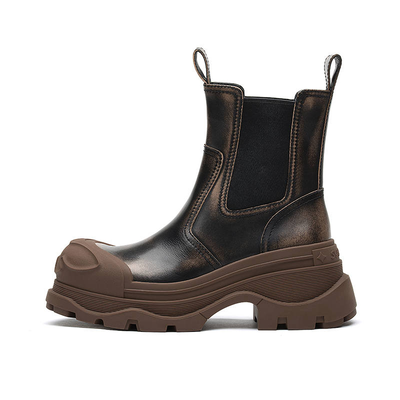 SUGARSU Top Grain Cow Leather Crew Chelsea Boots 7.5cm Women's Brown