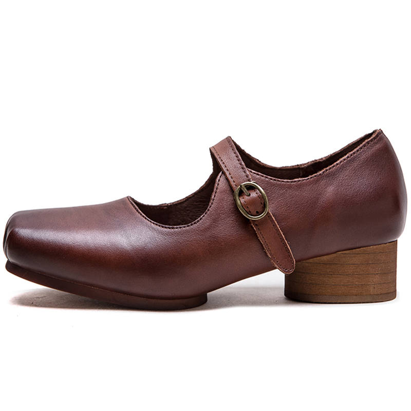 JIEZHOU Top Grain Cow Leather Chunky Heel Mary Jane Shoes Women's