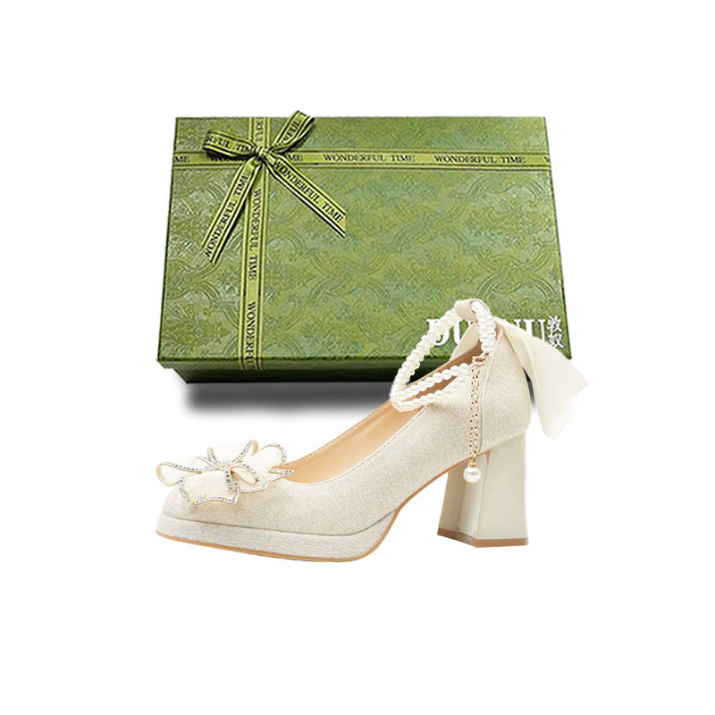 DUNNU Leather Chunky Heel High Heels Women's Apricot