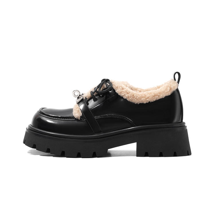 LAOMIAO Cow Split Leather British Style Fleece Lined Vintage Versatile Thermal Plush Platform Casual Shoes 5CM Women's