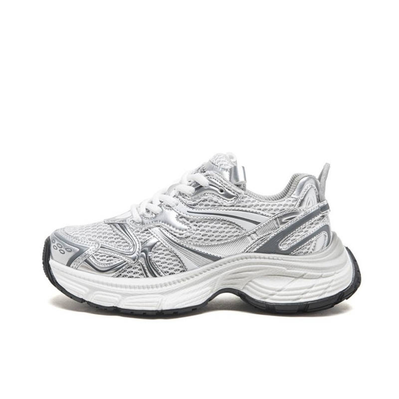 CHERRY&KALIKA Fabric Cushioning Slip Resistant Abrasion Resistant Breathable Low top Chunky Sneakers Women's Silver