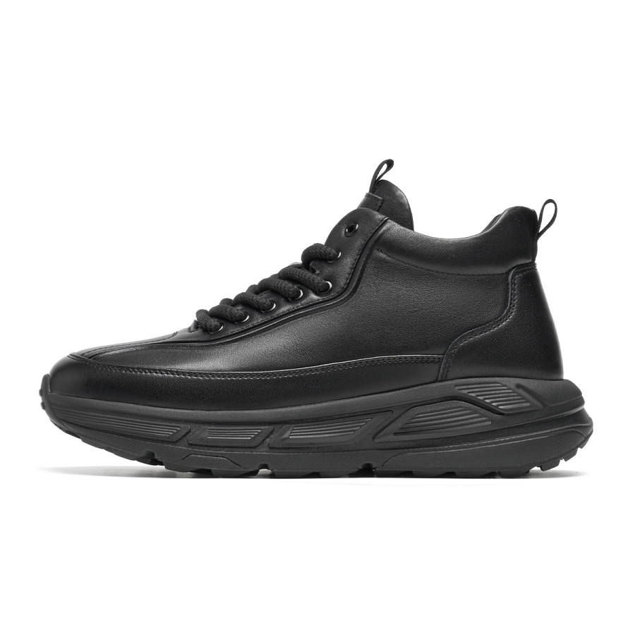 C°BANNER Cow Leather Fleece Lined Thermal Platform Height Increasing Mid top Casual Shoes Men's Black
