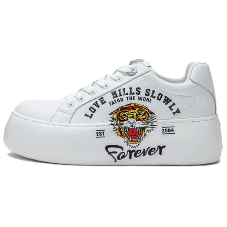 Ed Hardy Cow Split Leather Low top Skateboard Shoes Women's White