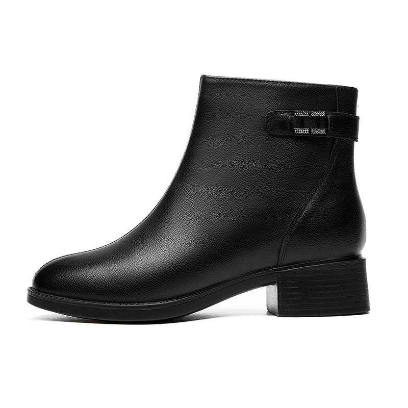 AOKANG Cow Leather Fleece Lined Thermal Comfortable Minimalist Style Casual Ankle Boots Women's Black