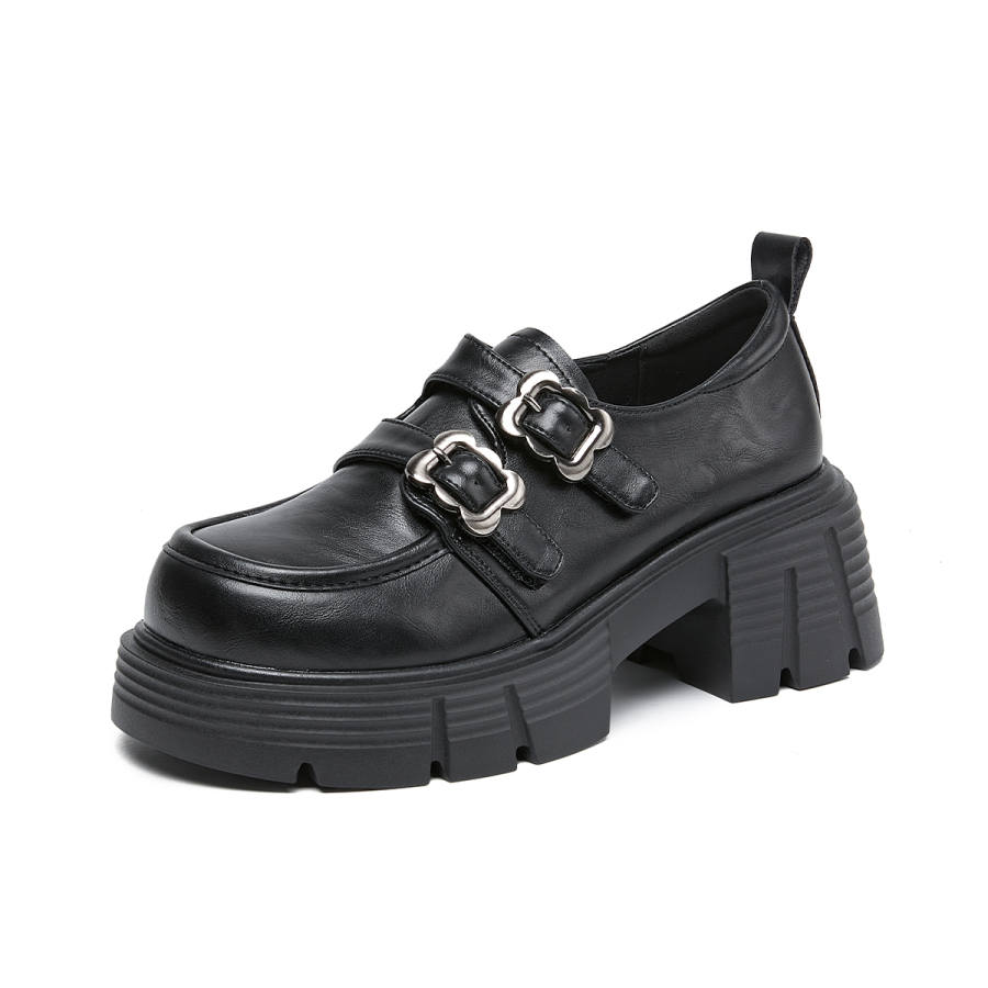 La Chapelle British Style Vintage Small Leather Shoes, Versatile Fashion Loafers Women's Black