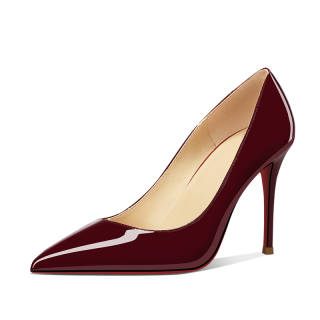 LUKECSION Patent Leather Slim Heel CL Red Sole High Heels 10cm Women's Burgundy