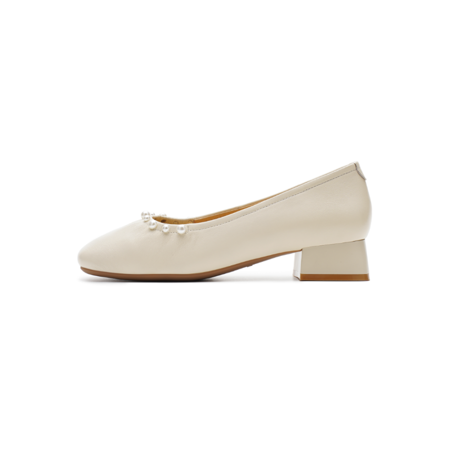 AOKANG Sheepskin Chunky Heel High Heels Women's Beige