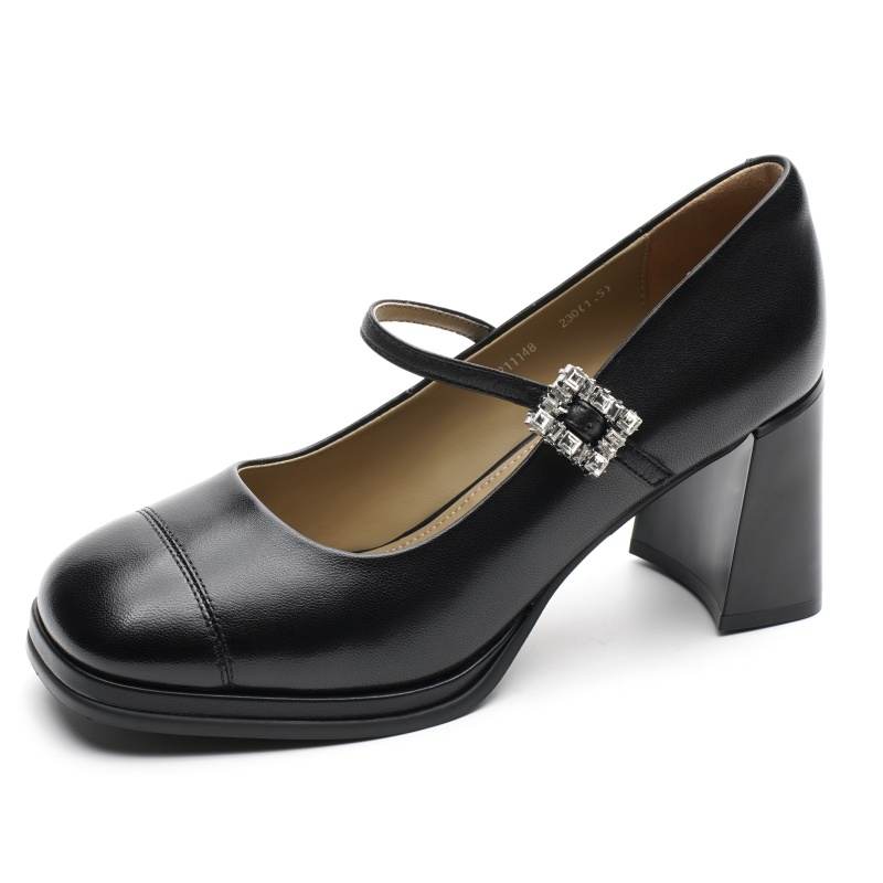 AOKANG Sheepskin Chunky Heel Mary Jane Shoes Women's Black