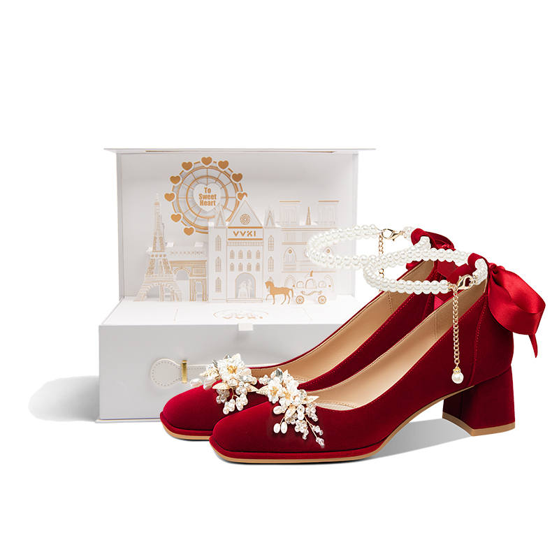 VVKI Suede Chunky Heel High Heels 5CM Women's Red