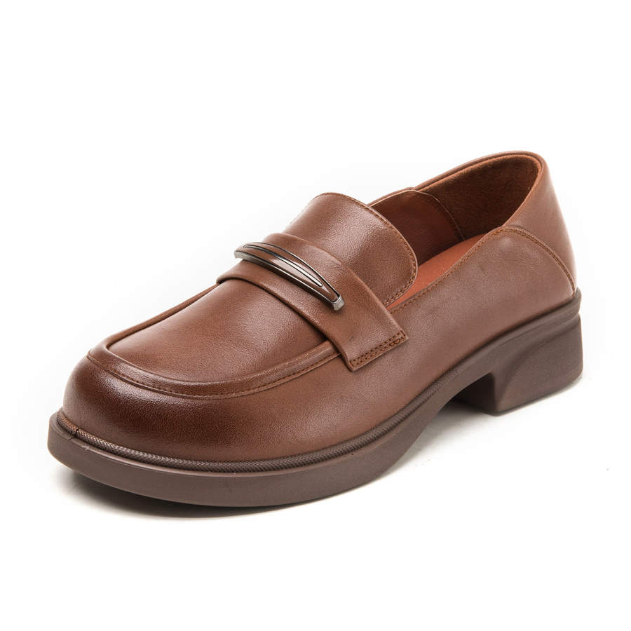 AOKANG Top Grain Cow Leather Loafers 3.5cm Women's Brown