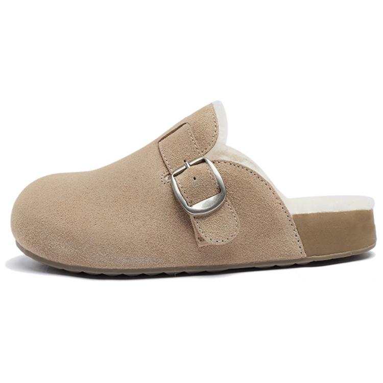 AGSDON Cow Suede, Minimalist Style Japanese Style Toast, Fleece Lined Thermal Outerwear Closed Toe Slippers Women's
